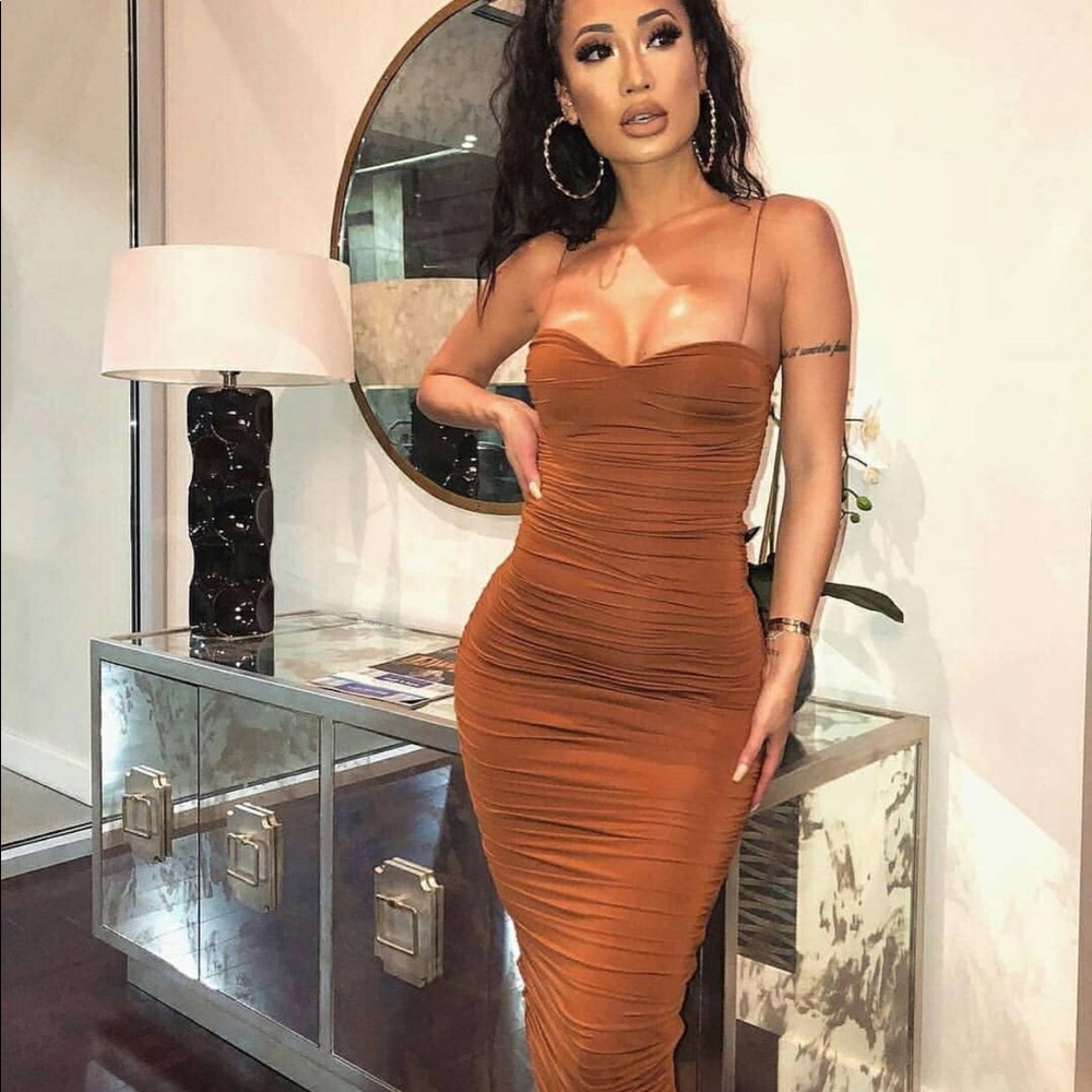 Oh Polly Ruched Midi Brown Dress